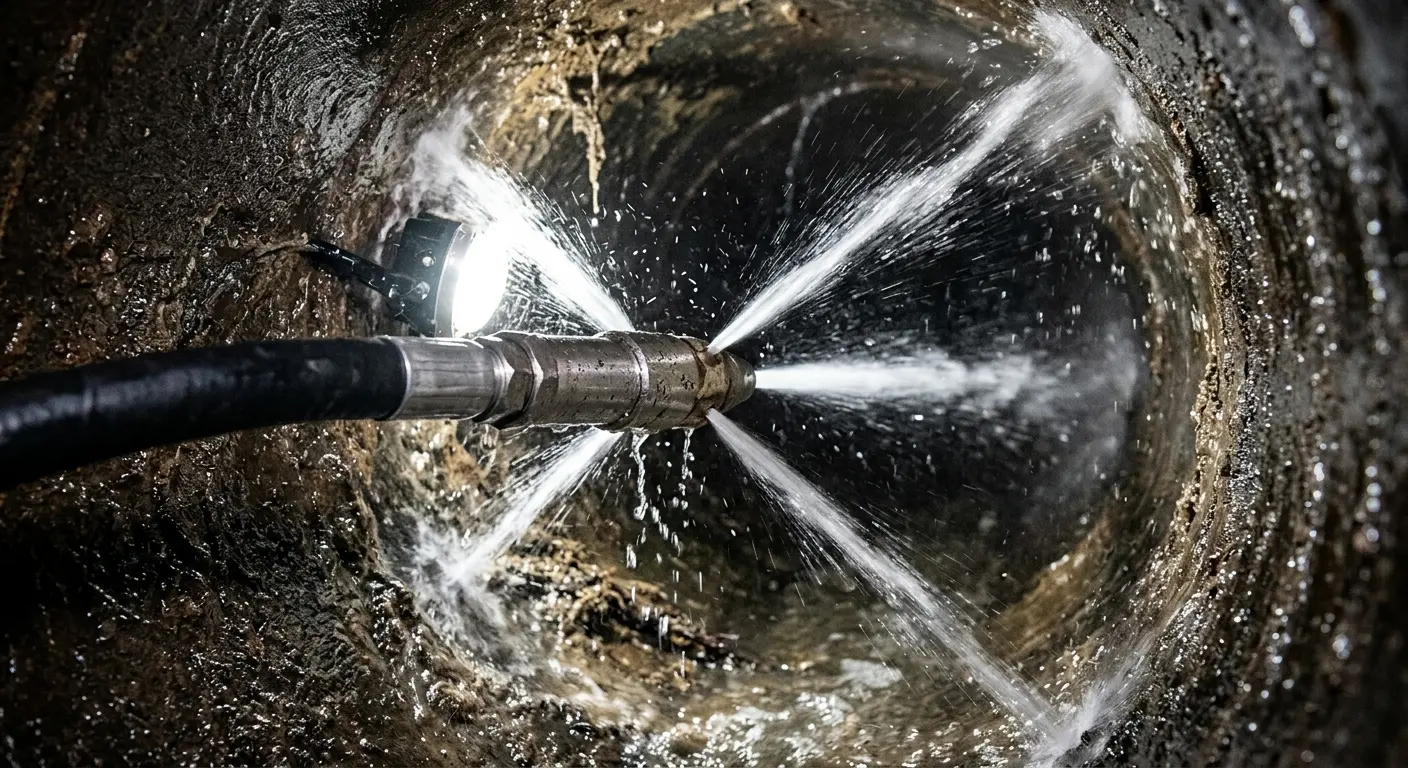 High-pressure hydro jetting nozzle cleaning sewer pipe for Sewer Cleanout in Oak Ridge
